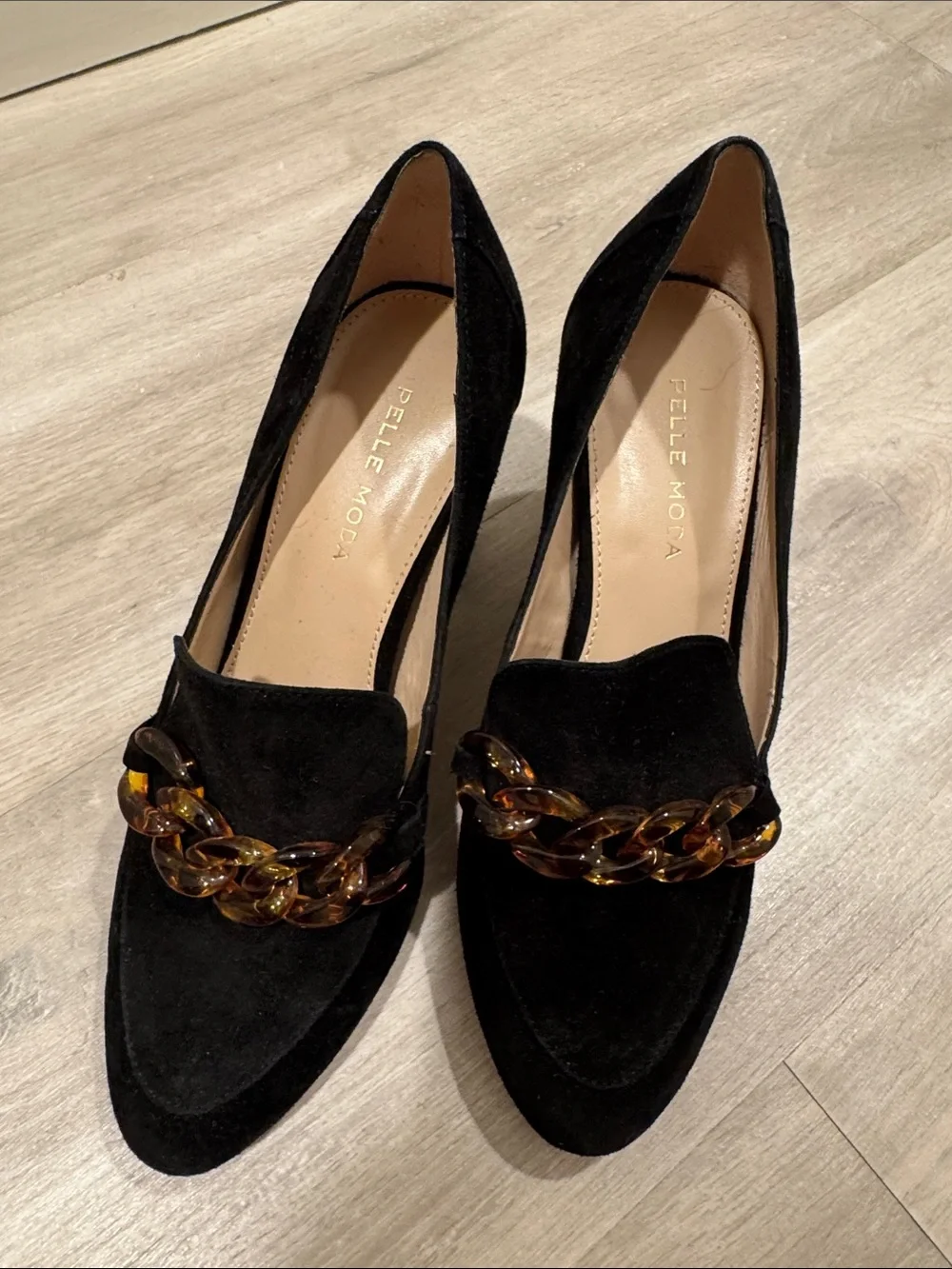 Pelle Moda Black Suede Block Heel Loafers with Tortoiseshell Chain